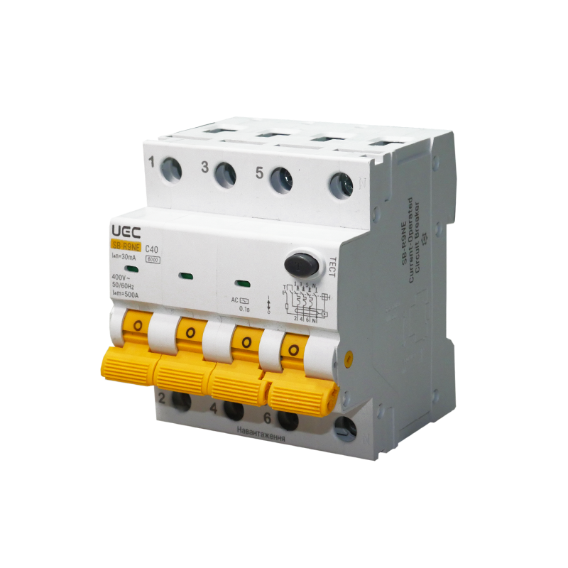 Дифференциальный выключатель UEC SB-R9NE 4P 40А 30мА 6кА тип АС (RCBO60-4-040-C-030-AC)