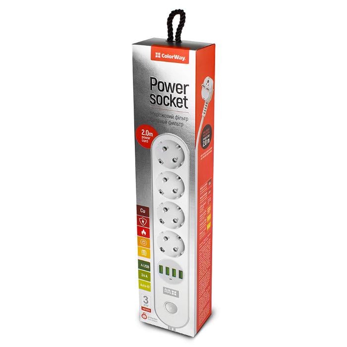 Сетевой фильтр ColorWay CW-CHE44W 4 розетки 4 USB-A 2 м White (26075609) - фото 4 Сетевой фильтр ColorWay CW-CHE44W 4 розетки 4 USB-A 2 м White (26075609) - фото 4