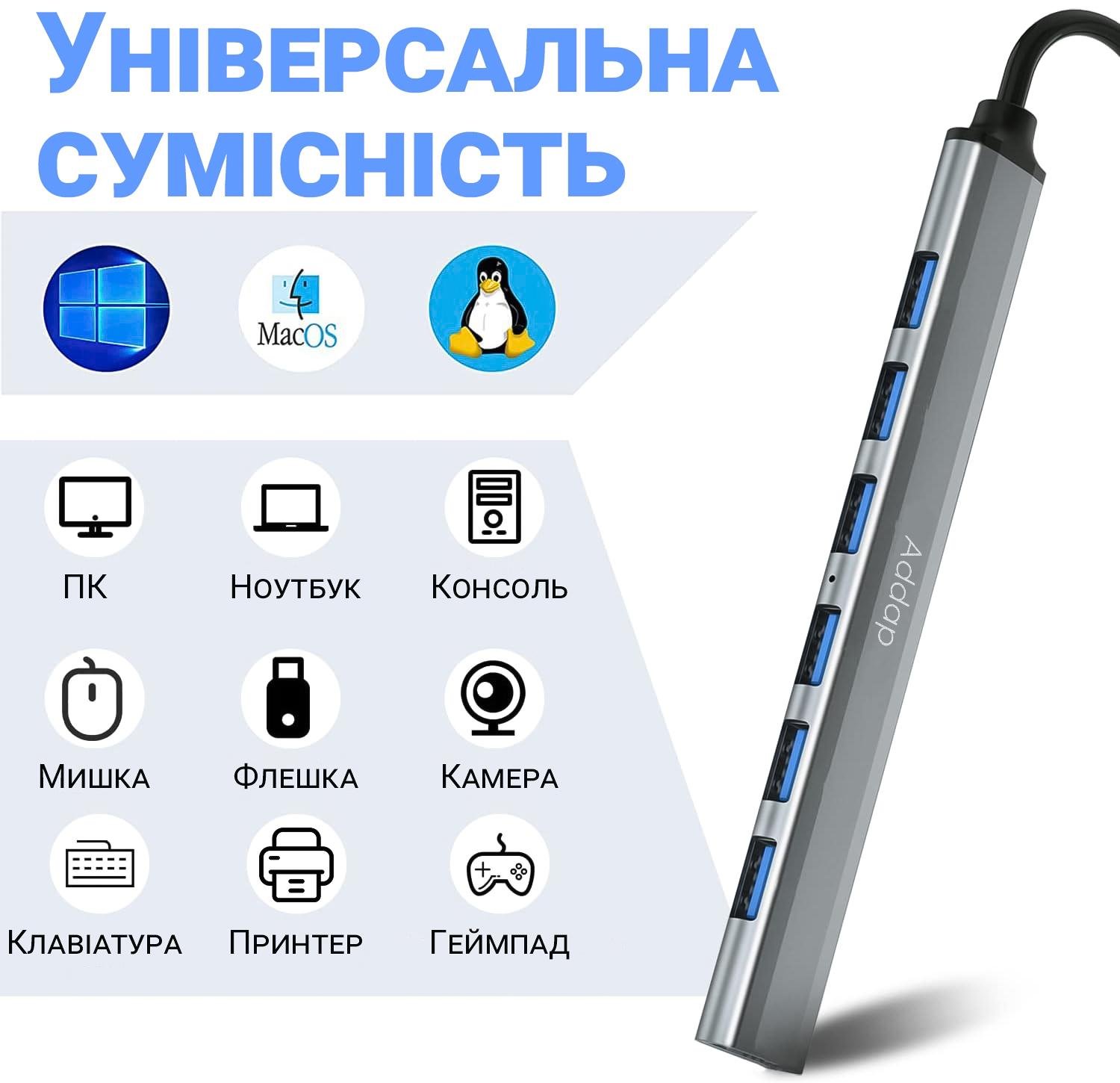 Концентратор/розгалужувач USB Type-C Addap UH-04С для ноутбука на 7 портів USB Gray - фото 11 Концентратор/розгалужувач USB Type-C Addap UH-04С для ноутбука на 7 портів USB Gray - фото 11