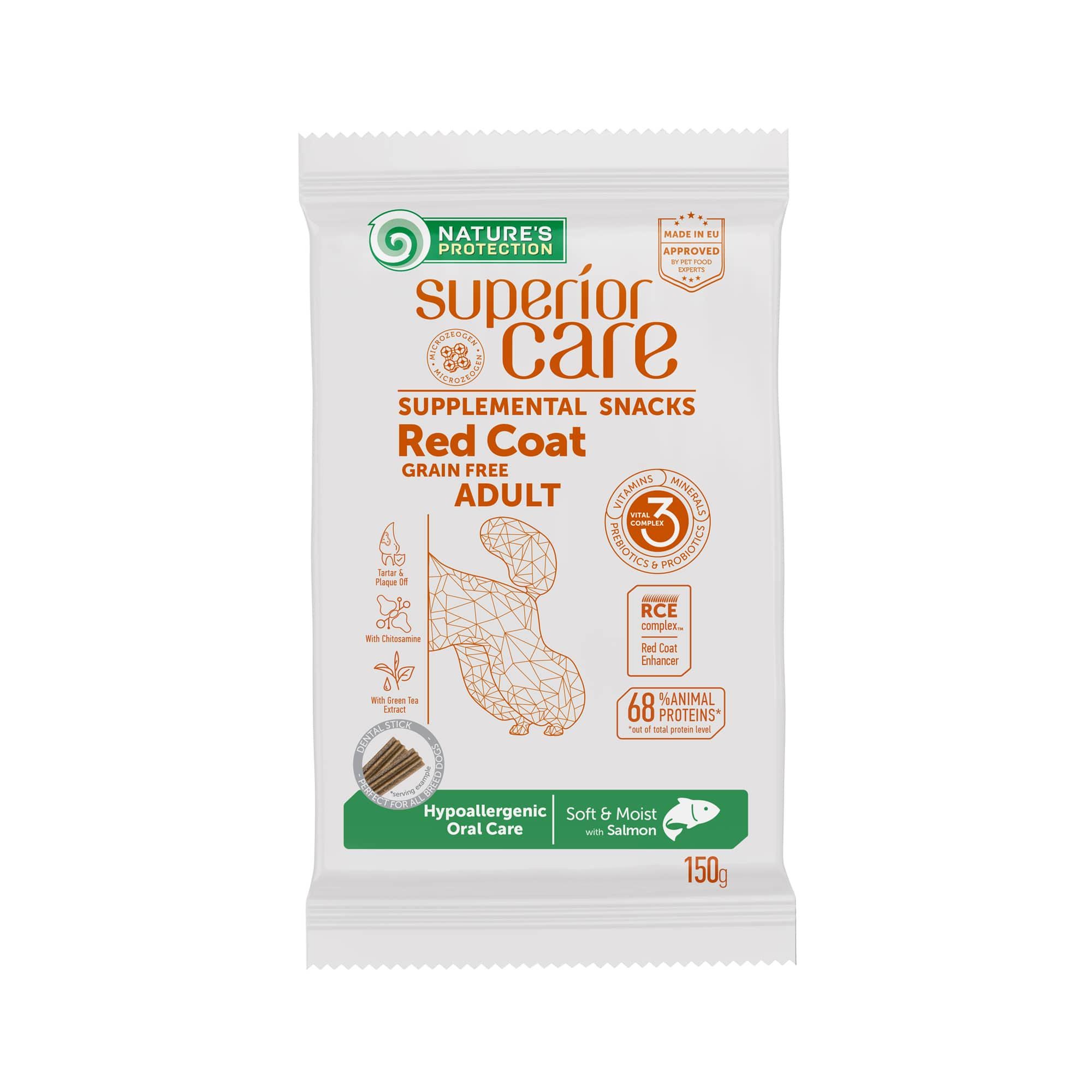 Беззерновые лакомства Nature's Protection Superior Care Red Coat Hypoallergenic Oral Care With Salmon для поддержания гигиены полости рта у взрослых собак всех пород с рыжей окраской шерсти 150 гр (72717)