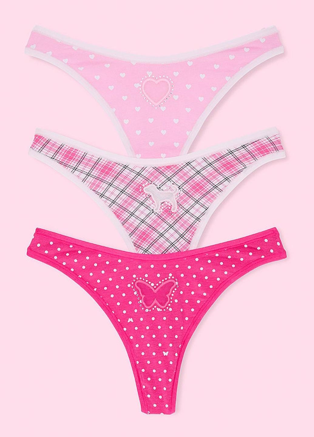Набор трусиков стрингов Victoria's Secret Pink Elle 3-Pack Cotton Thong Panties L 3 шт. Розовый (1440000437779QD7L)