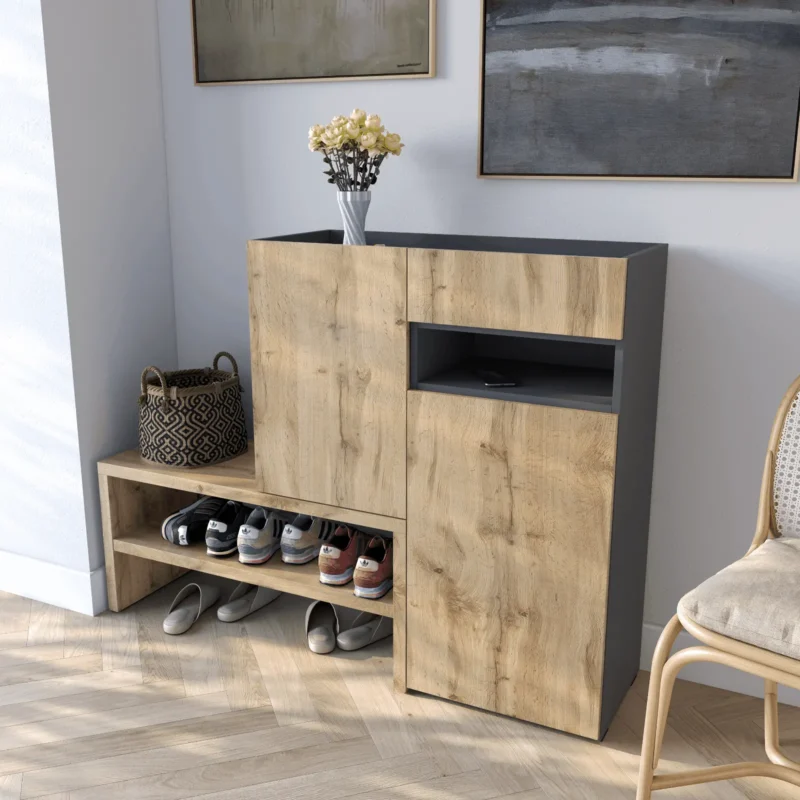 Тумба-подставка RS-4 для обуви в прихожую с дверцей и ящиком 1350х400х1017 мм ДСП 16 мм Антрацит/Дуб Аппалачи (20263014) - фото 1 Тумба-подставка RS-4 для обуви в прихожую с дверцей и ящиком 1350х400х1017 мм ДСП 16 мм Антрацит/Дуб Аппалачи (20263014) - фото 1