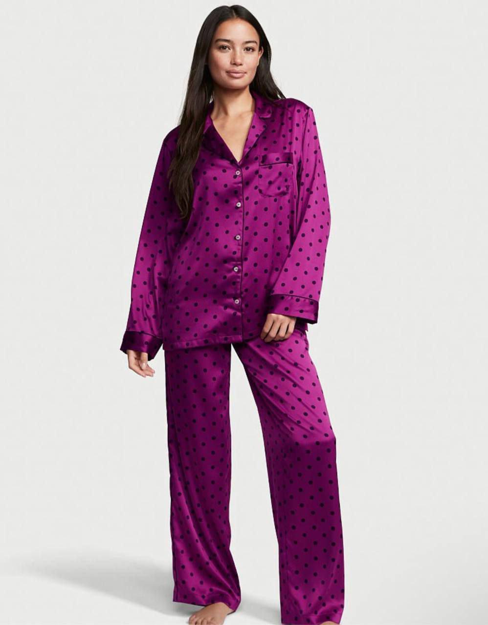 Піжама сатинова сорочка/штани Victoria's Secret Satin Long Pajama Set S Бордовий (26811427D)