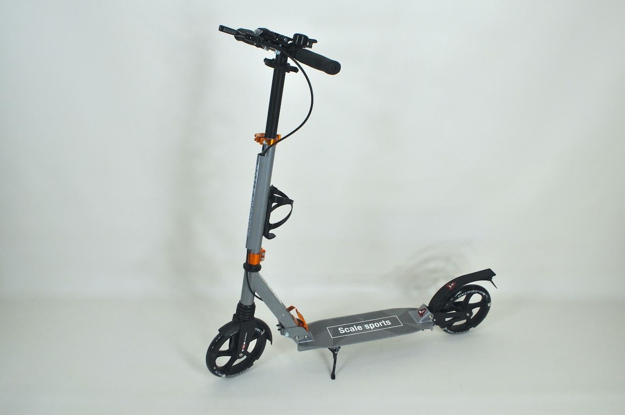 Самокат Scale Sports SS-20 двухколесный с амортизатором складной + ремень + звонок + мигалка Серый