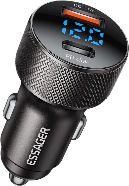 Зарядное устройство автомобильное Essager ES-CC21 45W FCP PD3.0 QC3.0 USB/Type-C PowerDisplay Grey (43713)