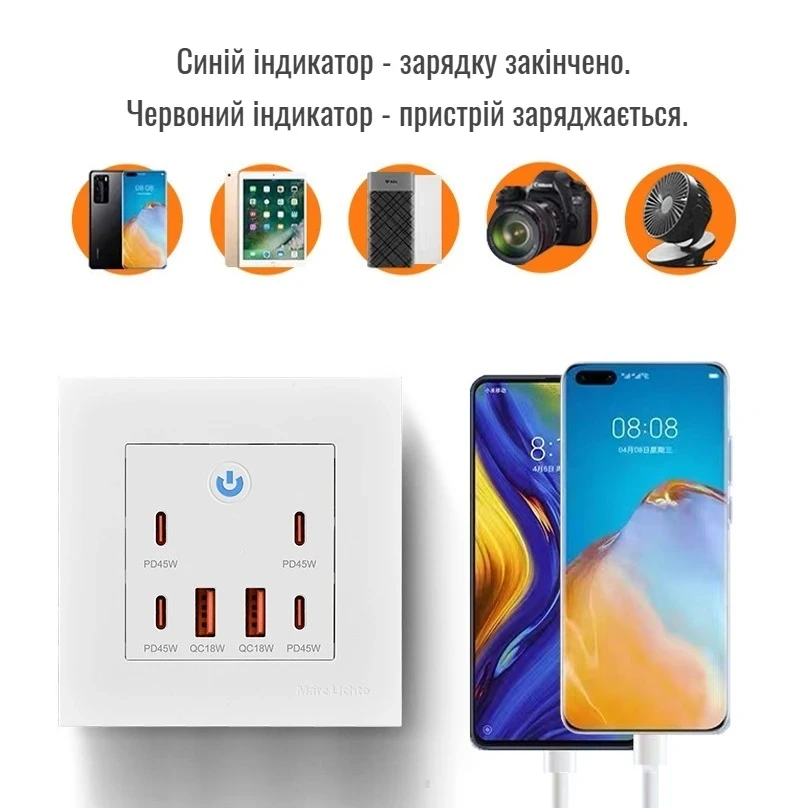 Розетка зі швидким заряджанням Type-C PD 45 W/USB/QC18 W Білий - фото 3