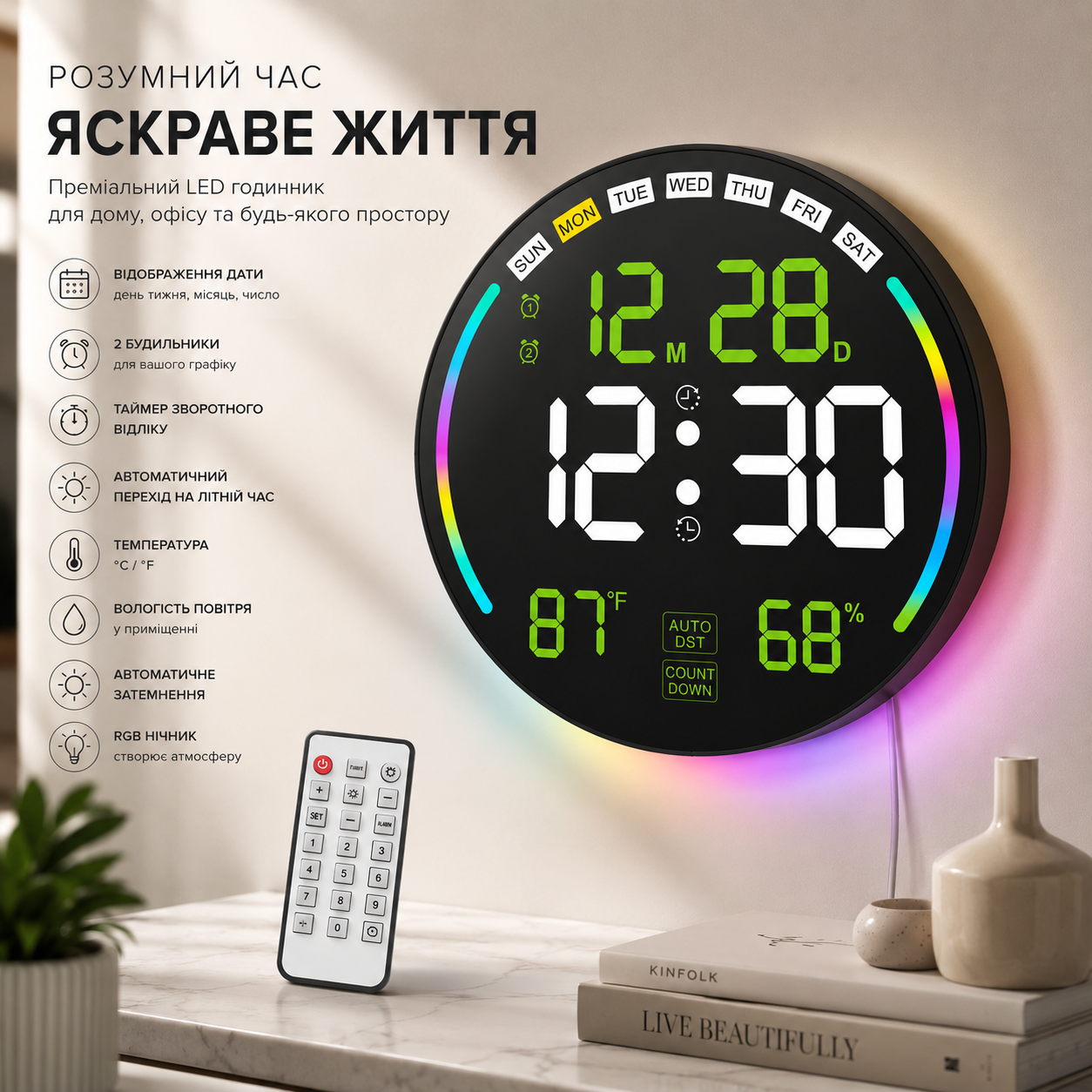 Годинник-медіастанція настінний цифровий Pytha Sight 26 см LED з пультом (3052755723)