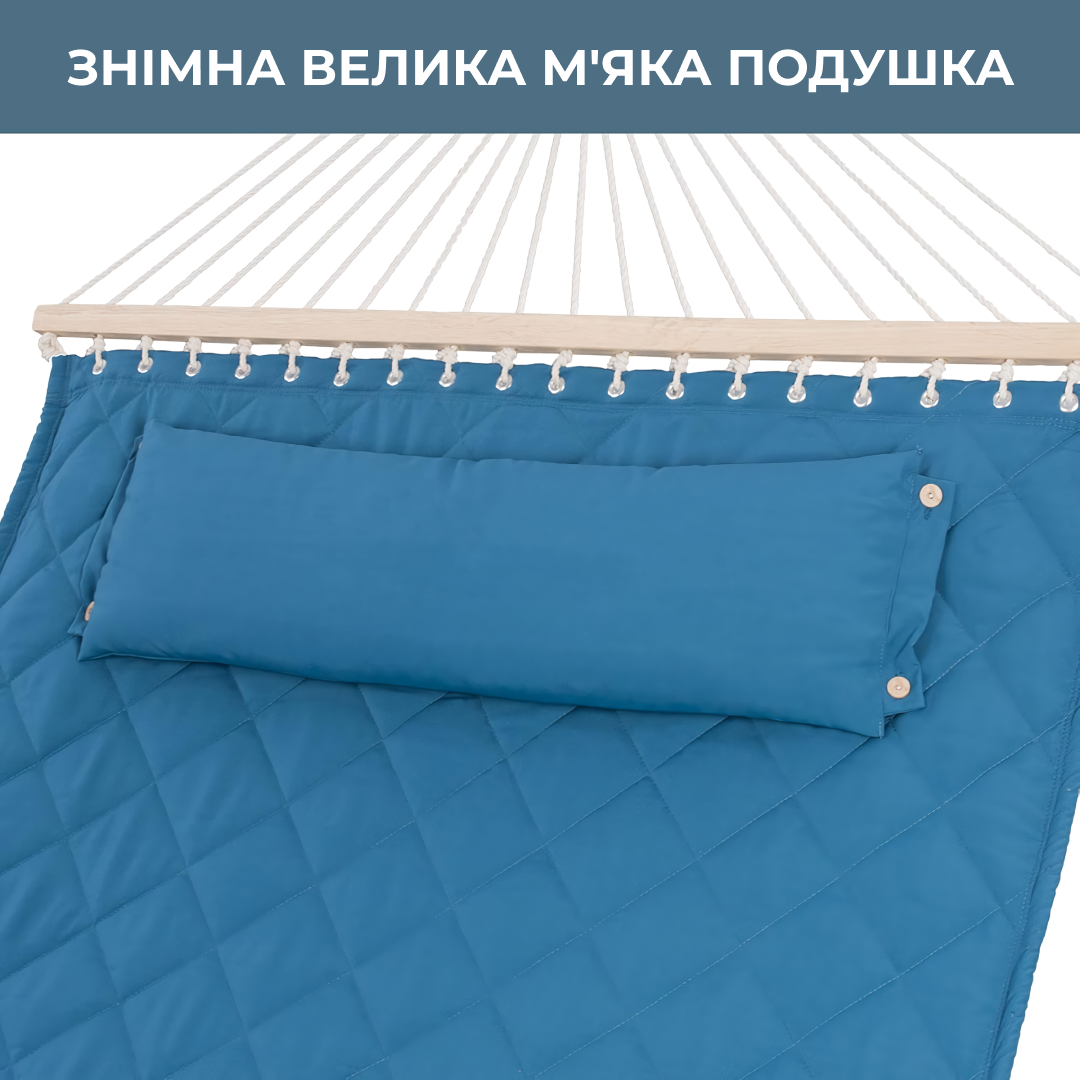 Гамак двухместный подвесной с планкой и металлическим каркасом WCG SOFT для отдыха в саду профиль 50х50 см XXL 200x140 см Голубой (W-5050H05-21) - фото 8