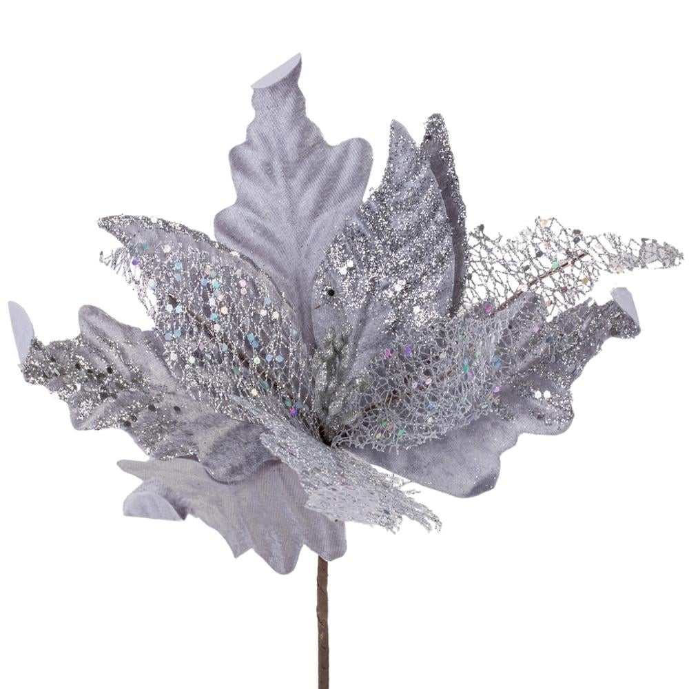 Цветок новогодний декоративный Мерцание 30 см 3 шт. Серый (9171-046)