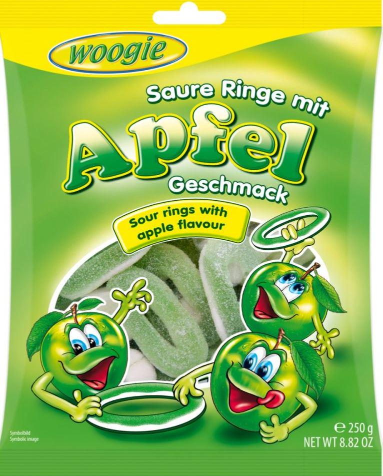 Конфеты жевательные Woogie со вкусом Яблока Кислые кольца 250 г