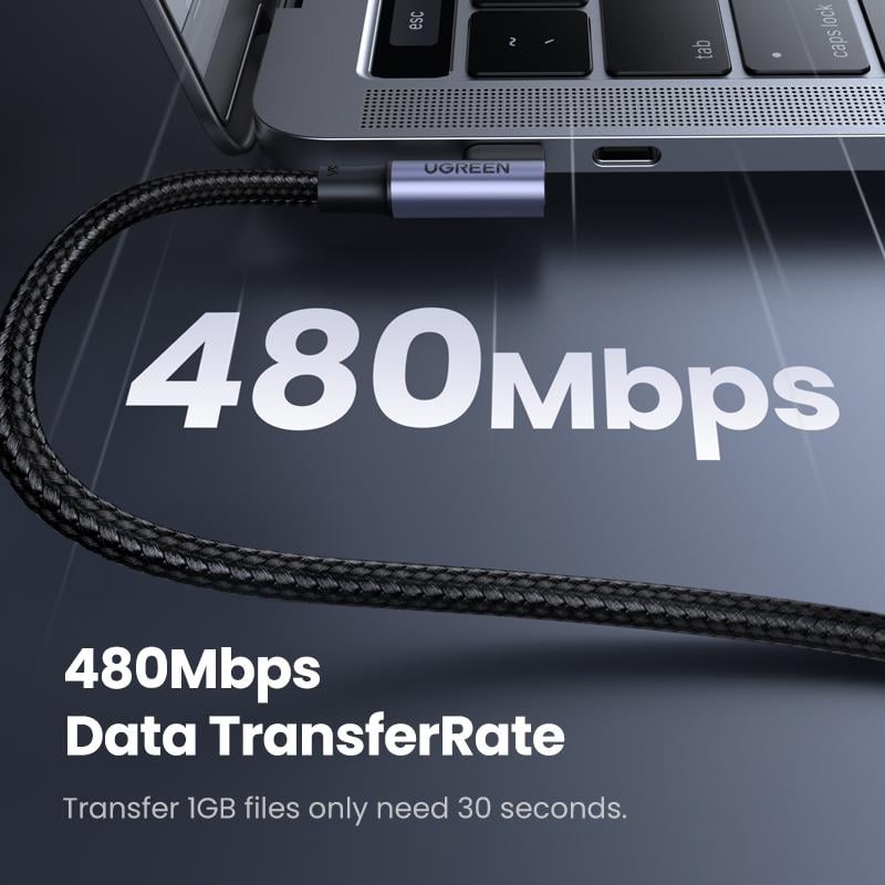 Кабель кутовий UGREEN US334 100W 5A QC4.0 PD Type-C to Type-C Angled Braided Cable 2 м Чорний (70645) - фото 5 Кабель кутовий UGREEN US334 100W 5A QC4.0 PD Type-C to Type-C Angled Braided Cable 2 м Чорний (70645) - фото 5