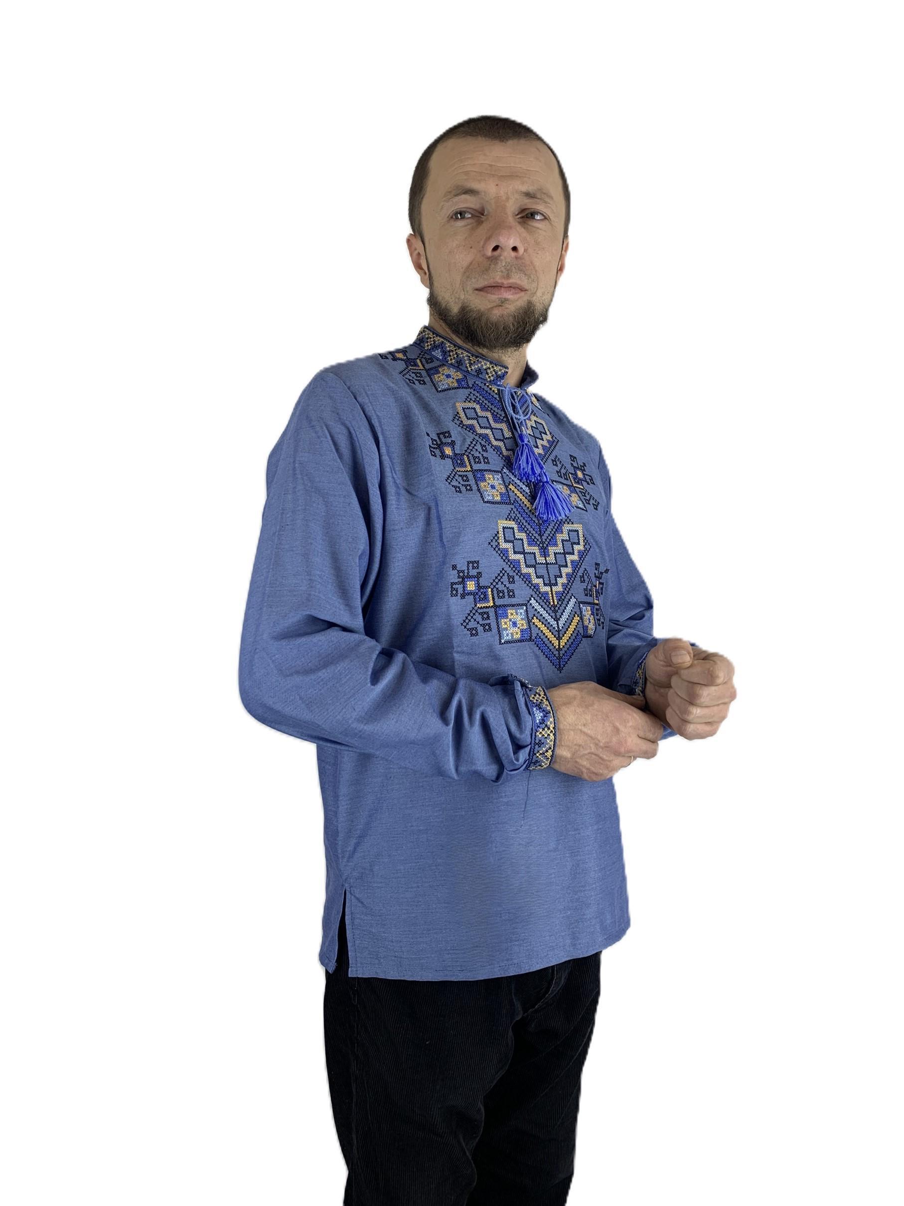 Вышиванка мужская Дерево жизни натуральная из домотканого полотна р. 58 Синий (4412/58) - фото 2 Вышиванка мужская Дерево жизни натуральная из домотканого полотна р. 58 Синий (4412/58) - фото 2