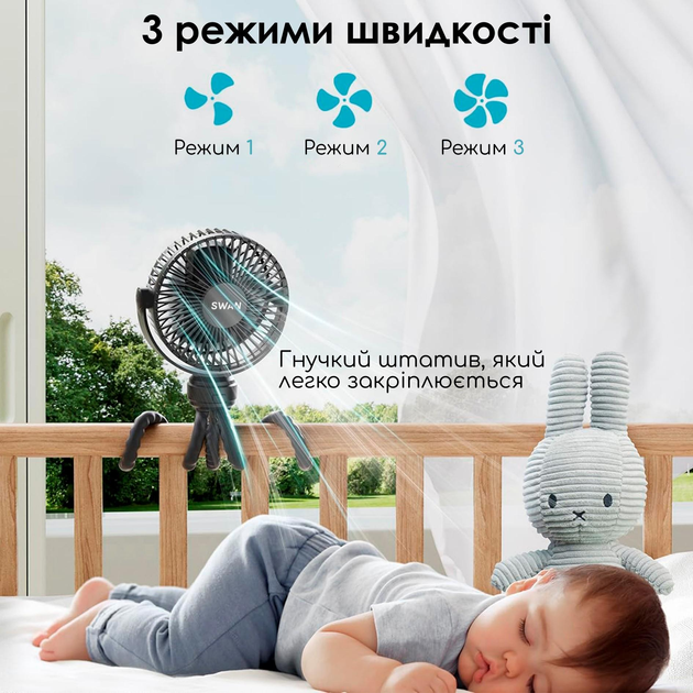 Вентилятор акумуляторний для колясок Swan Чорний - фото 2 Вентилятор акумуляторний для колясок Swan Чорний - фото 2