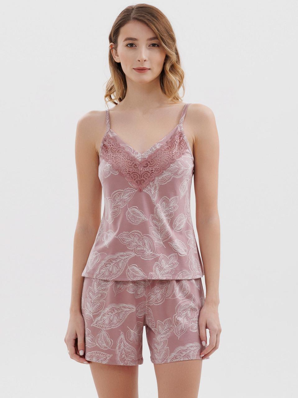 Піжама жіноча Roksana майка/міні-шортики бавовняна з принтом S Рожевий (2506438016)