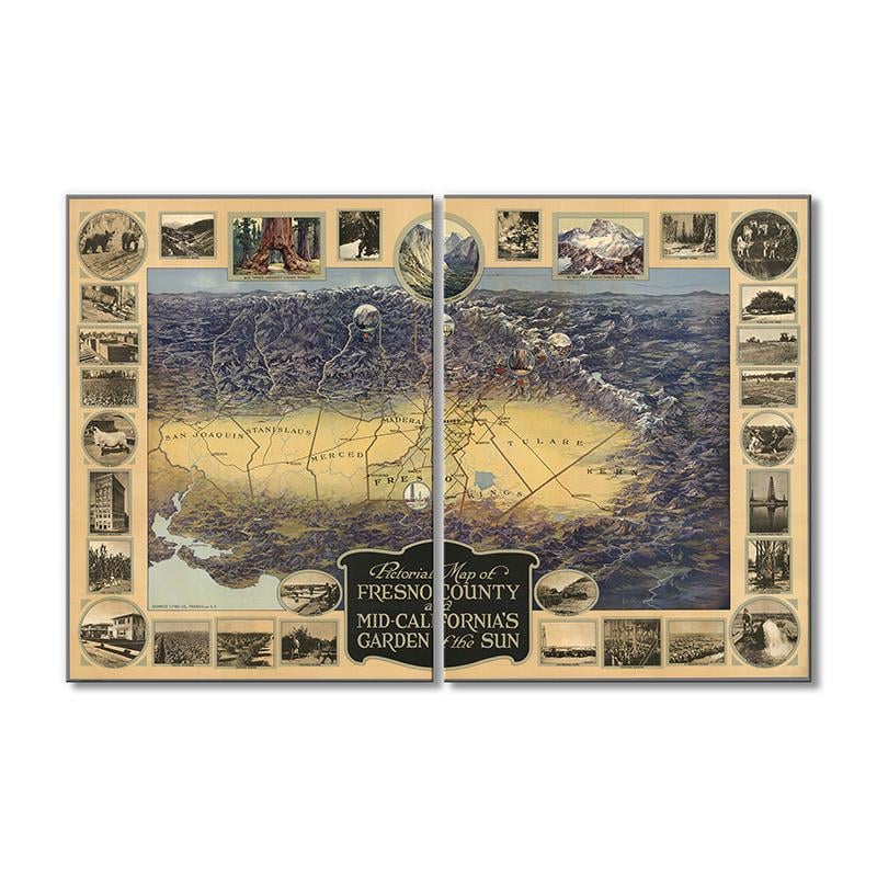 Винтажная карта Графство Фресно и Средняя Калифорния, Сад солнца 2 модуля 50x75 см