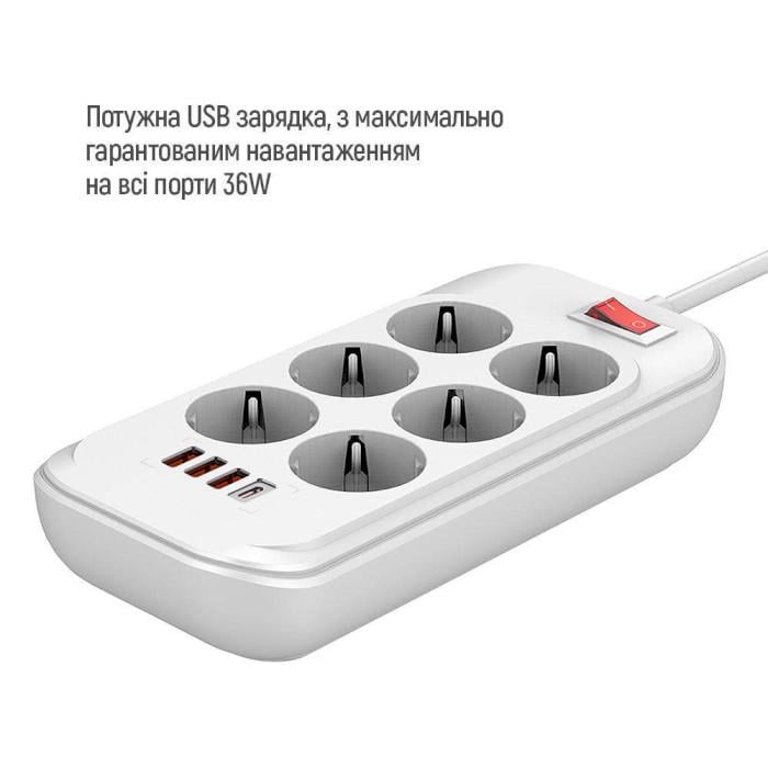 Сетевой фильтр ColorWay CW-CHE64PDW 6 розеток 1 USB-C PD 3 USB-A QC3.0 36W 2 м White (26075476) - фото 4
