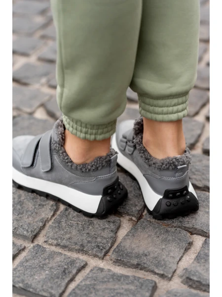 Кроссовки женские кожаные с замшевыми вставками на меху р. 41 26,5 см Серый - фото 4