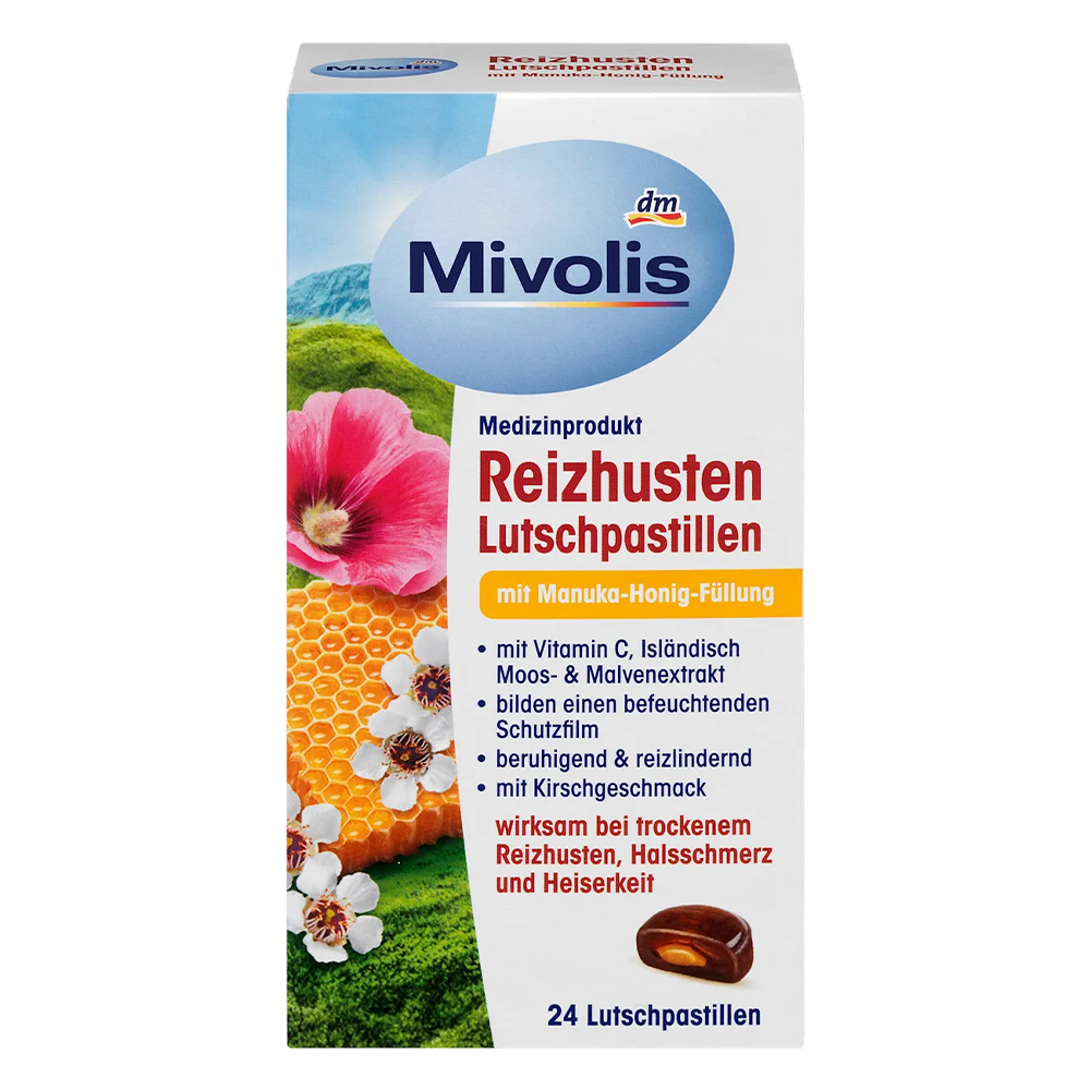 Леденцы для горла DM Mivolis Reizhusten-Pastillen Manuka от сухого кашля исландский мох и мед 24 шт. (EPI-15102025-1392)