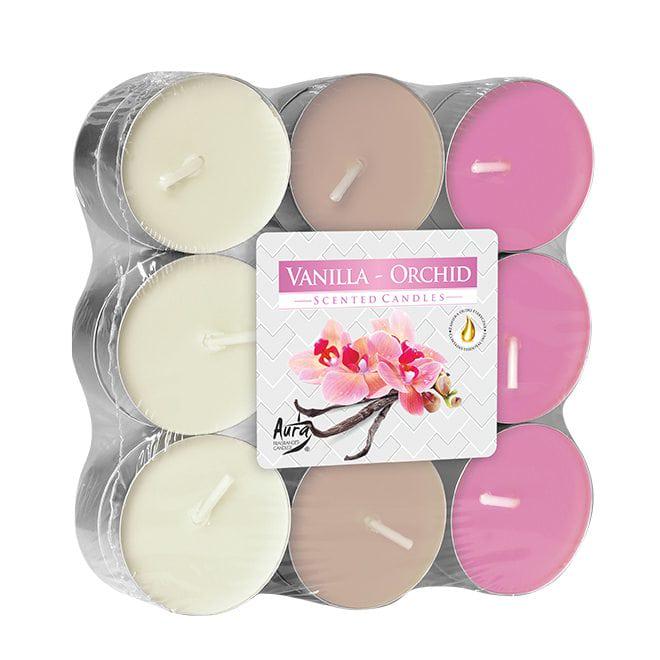 Свеча чайная таблетка ароматическая Flora микс Ваниль-орхидея D-3,9 см 18 шт. (27506)