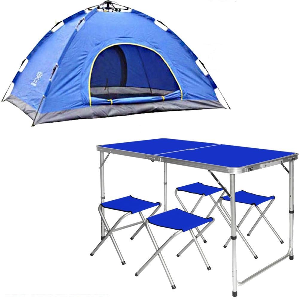Туристический стол для пикника и 4 стула Синий + Палатка двухместная