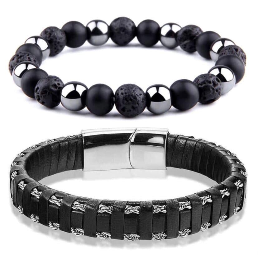 Комплект браслетів зі шкіри та міксу із шунгіту лави та гематиту з срібною застібкою р. 18,5 (12086)