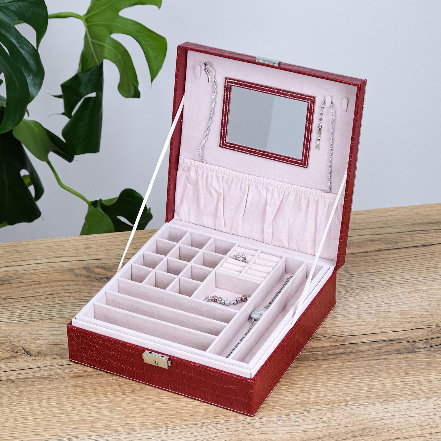Шкатулка для украшений Гранд Презент с зеркалом 26х26х8,5 см Бордовый крокодил (JZ-012-3)