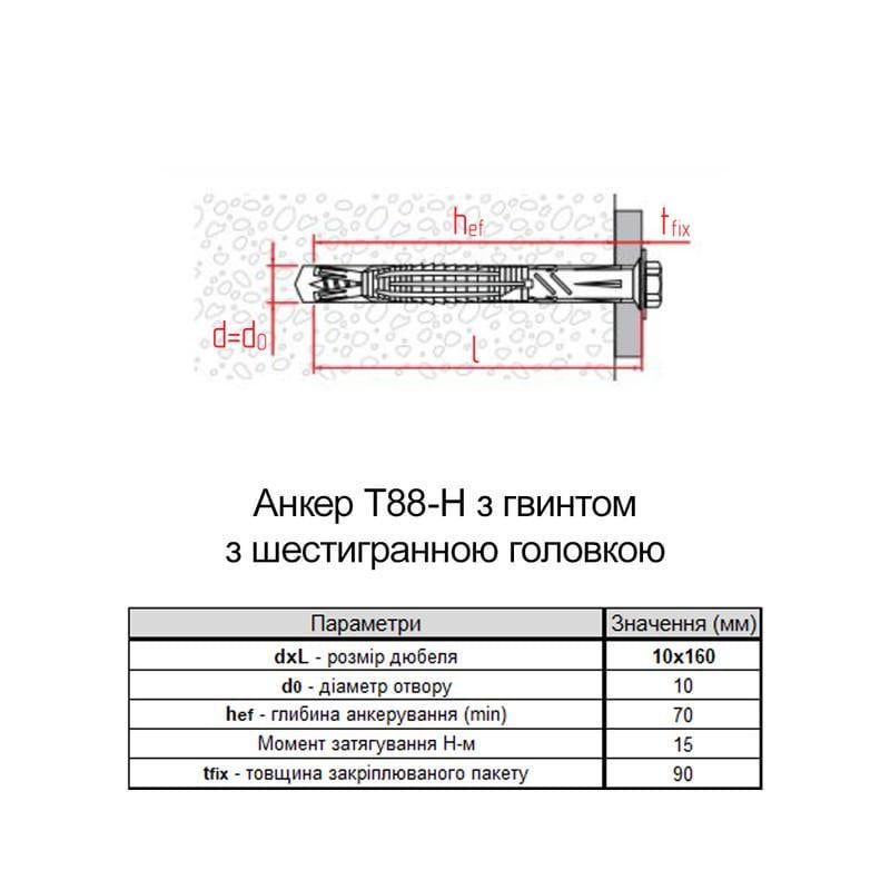 Дюбель Elematic T88-H 10х160 притиск 90 мм нейлон з шестигранним гвинтом цинк 50 шт. (92A20000092A2X0A6T) - фото 2