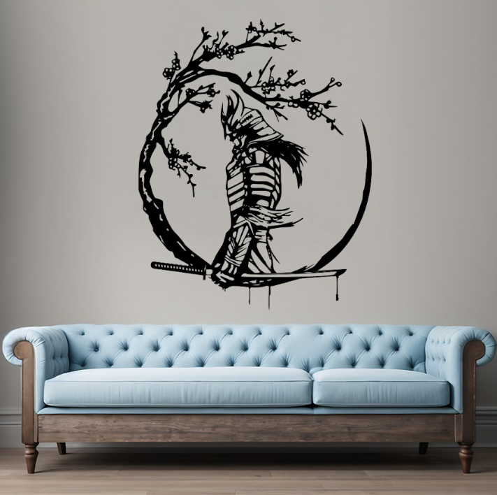 Картина-панно деревянная на стену в стиле лофт Decart Самурай под сакурой 60х48 см