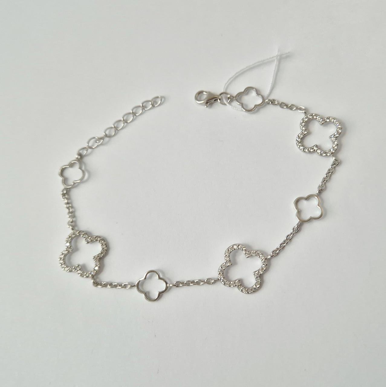 Браслет на руку Клевер с белыми камнями серебро 925 пробы родированное 3,76 г 17,5-20,5 см (1494б)