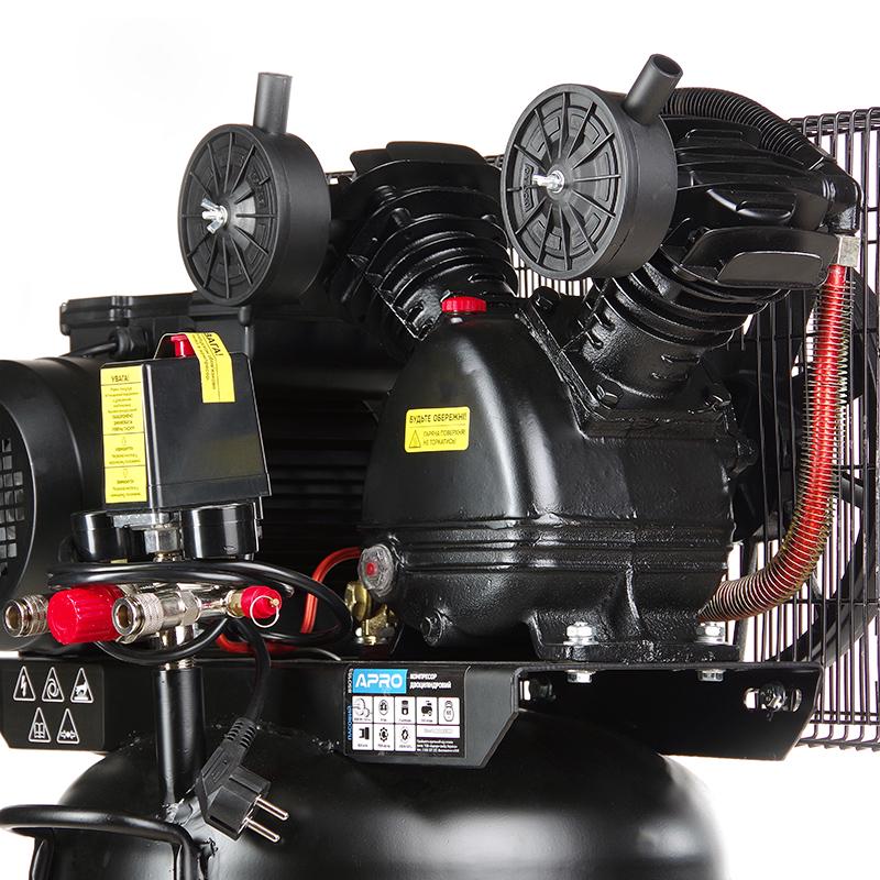 Компрессор Apro двухцилиндровый ременный вертикальный OFBD-100V 8 Бар 2,2 кВт 402 л/мин 100 л 2 крана с маслом 0,5 л (850183) - фото 10