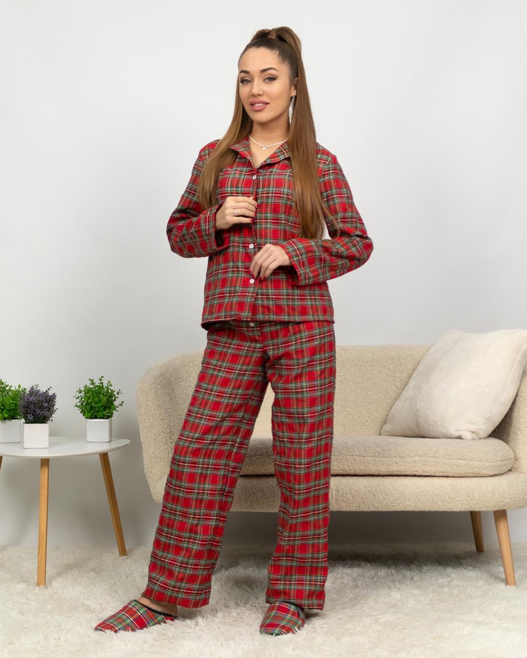 Пижама женская домашняя фланелевая рубашка со штанами клетка 2XL Красный с зеленым Пижама женская домашняя фланелевая рубашка со штанами клетка 2XL Красный с зеленым