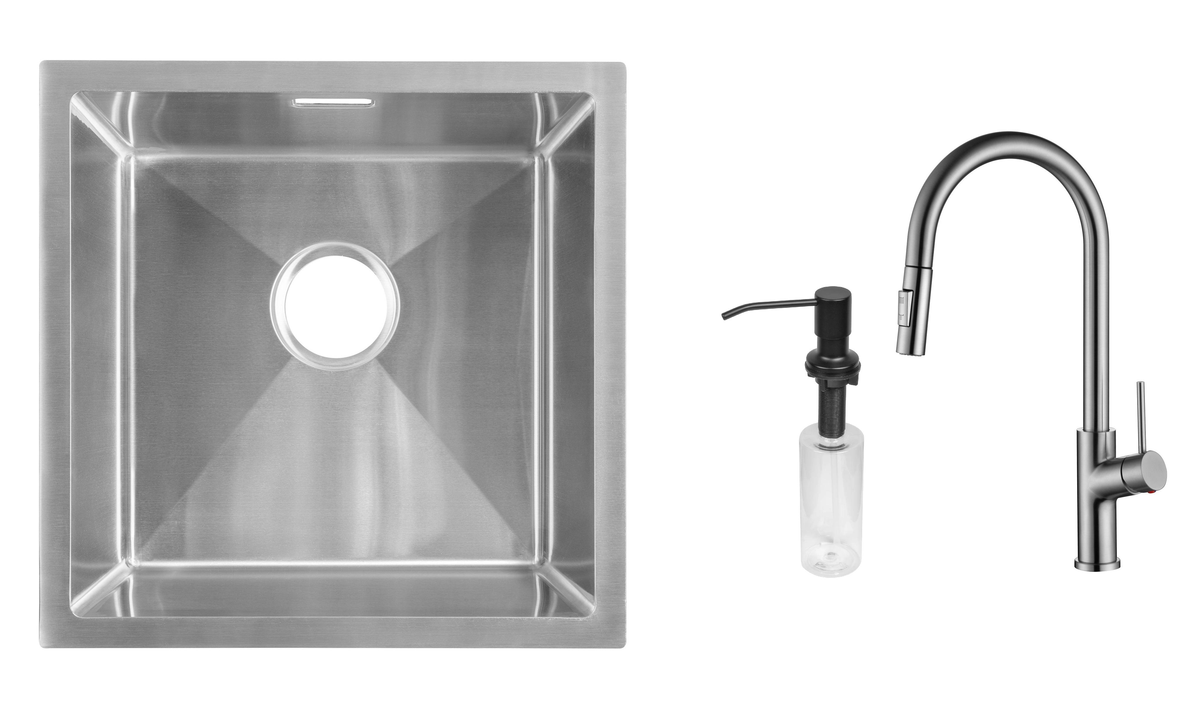 Комплект из кухонной мойки Gunter&Hauer Olef 4522 Inox кухонного смесителя Gunter&Hauer MOND Br и дозатора Gunter&Hauer Soap Dispenser Black