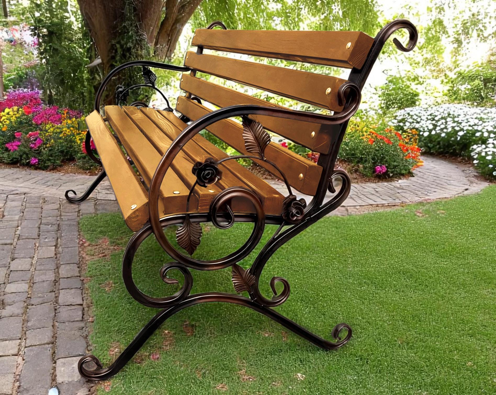 Скамейка садовая кованая Tobi Sho Камелия с подлокотниками 170 см Дуб - фото 1