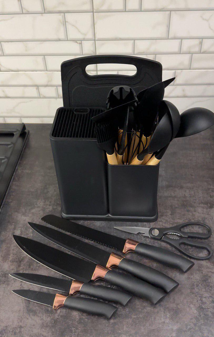 Набір кухонного приладдя на підставці 19 пр. з досткою Чорний (UN-1872) - фото 5 Набір кухонного приладдя на підставці 19 пр. з досткою Чорний (UN-1872) - фото 5