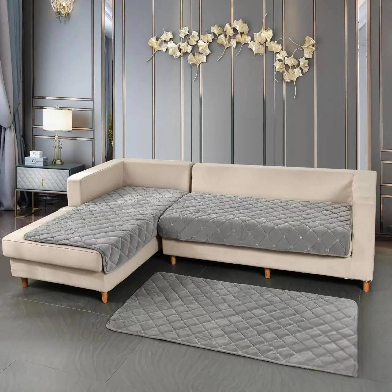 Комплект велюровый покрывало на диван 90х210 см/накидки 2 шт. 90х160 см Серый (П4К-am-divandek-0021)