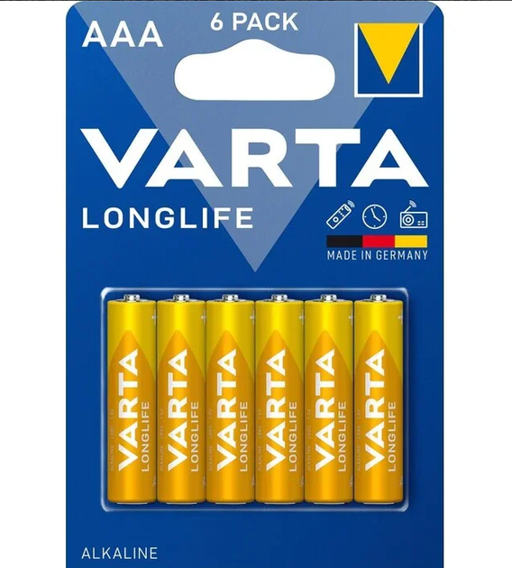 Батарейка алкалінова VARTA LONGLIFE LR03/AAA на блістері 6 шт. Жовтий (3110475678) Батарейка алкалінова VARTA LONGLIFE LR03/AAA на блістері 6 шт. Жовтий (3110475678)