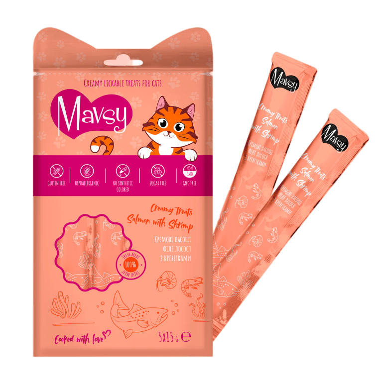 Ласощі для котів MAVSY Creamy lickable treats salmon with shrimp for cats Лосось з креветками 5 шт. 15 г (13501968)