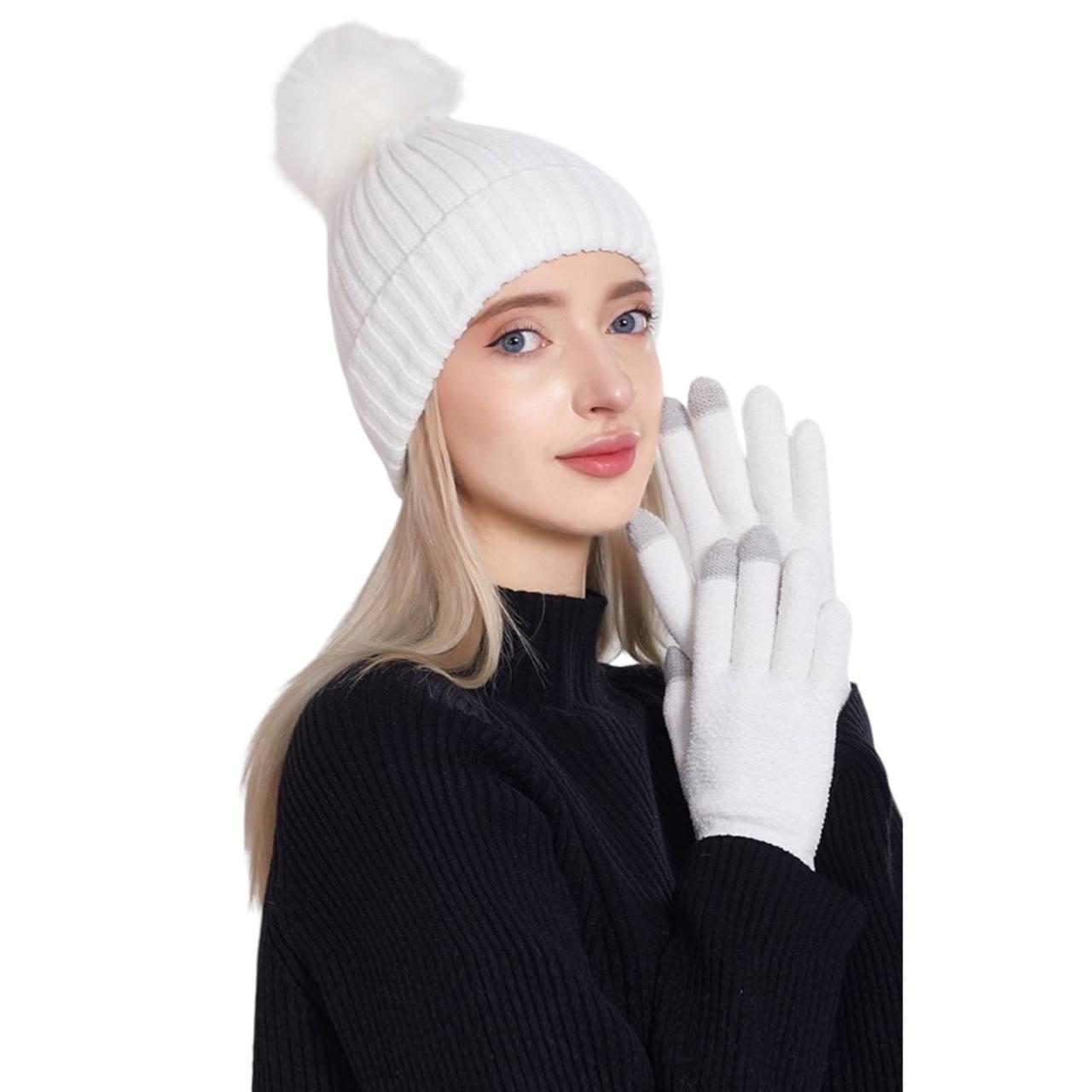 Шапка з помпоном та перчатки сенсорні унісекс Білий (01242) - фото 2 Шапка з помпоном та перчатки сенсорні унісекс Білий (01242) - фото 2