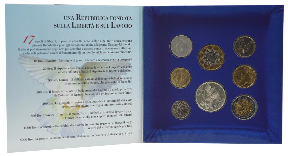 Набор коллекционных монет Сан-Марино 8 шт. 2001 UNC 10/20/50/100/200/500/1000/5000 лир из серебра (М23387)