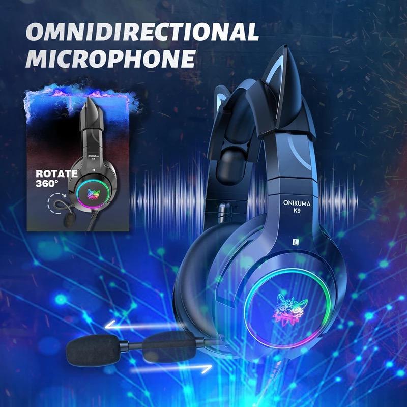 Наушники игровые Onikuma K9 с кошачьими ушками с LED-подсветкой и микрофоном Черный - фото 7