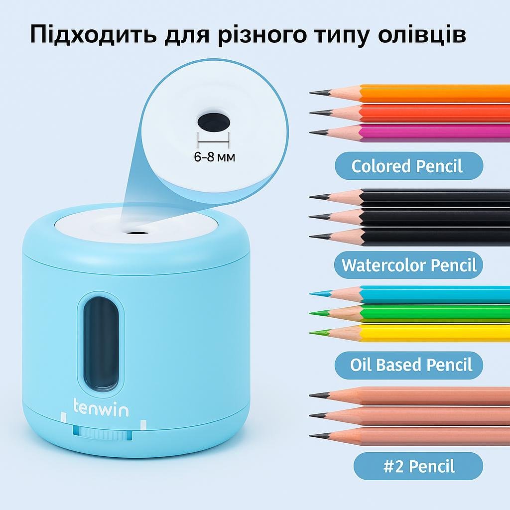 Электроточилка для карандашей TENWIN 8035 с регулировкой угла заточки и встроенным аккумулятором (TW8035-2) - фото 2 Электроточилка для карандашей TENWIN 8035 с регулировкой угла заточки и встроенным аккумулятором (TW8035-2) - фото 2