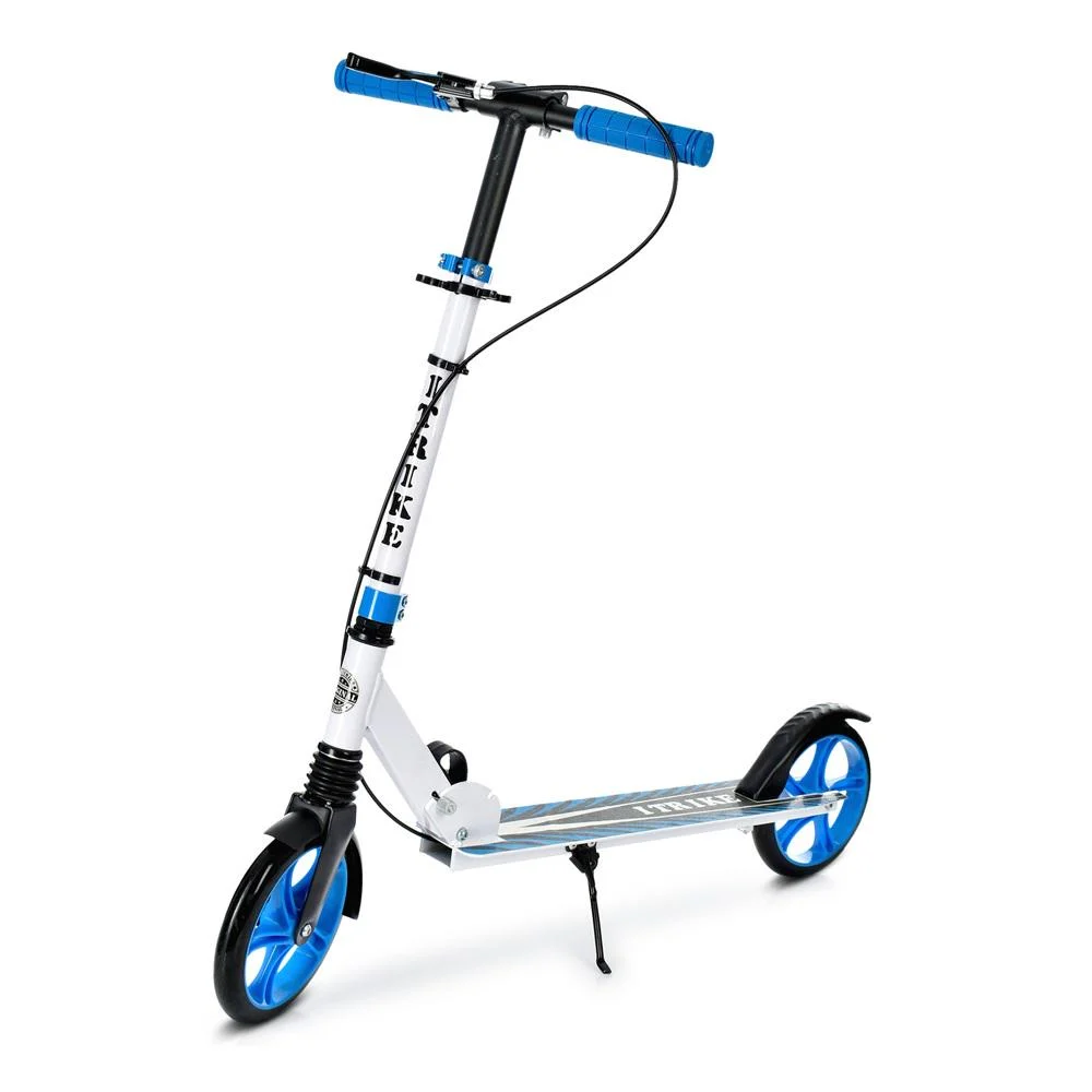 Самокат взрослый/подростковый алюминиевый iTrike 2 колеса PU 200 мм ручной тормоз складной Белый/Синий (7772)