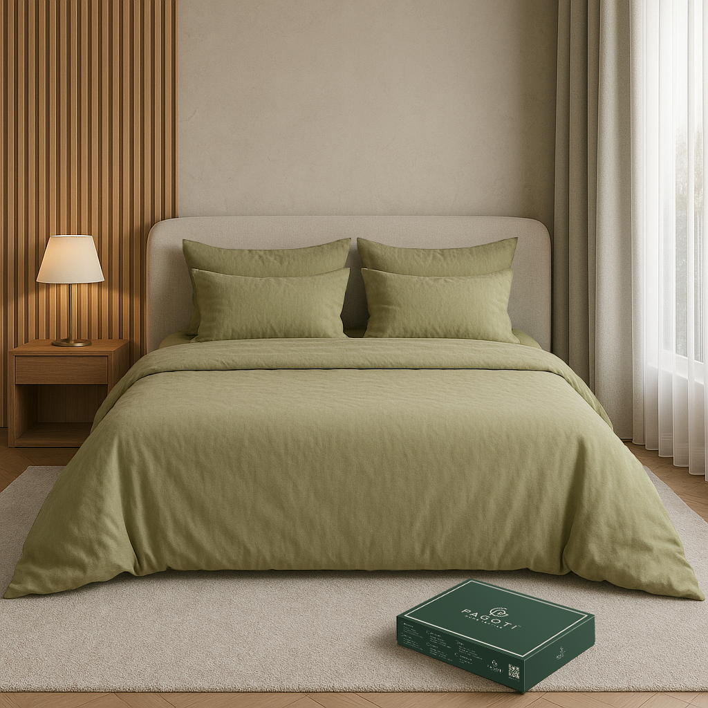 Комплект постельного белья PAGOTI Natura вареный хлопок двуспальный / 2х70х70 см Оливковый