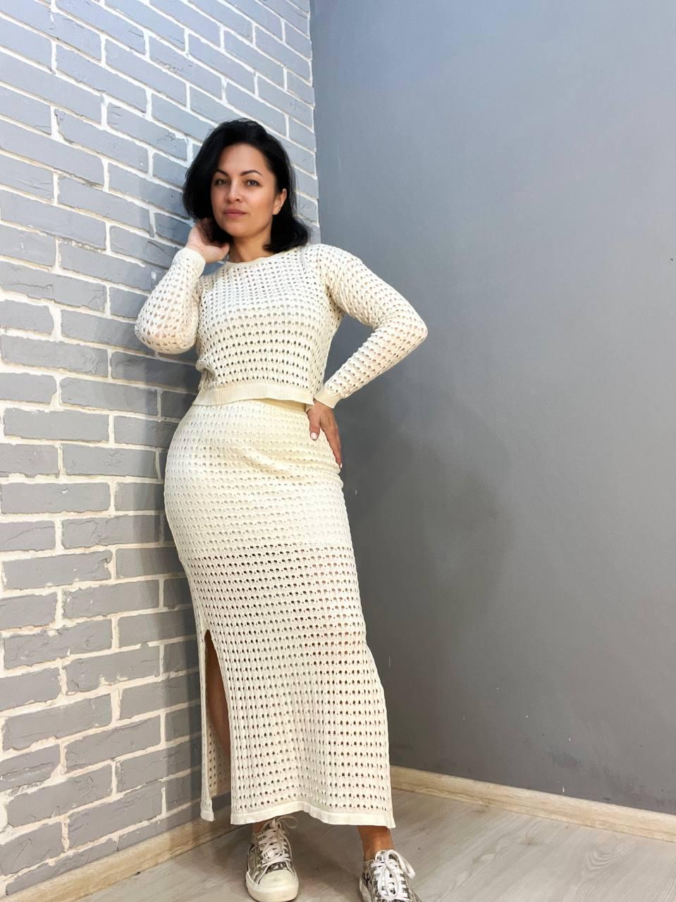 Костюм женский MINTAS 4204-2414 ажурная вязка реглан с юбкой OS Молочный (1885)