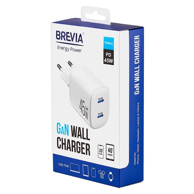 Сетевое зарядное устройство Brevia ePowerGaN PD45W 2xUSB-C белый - фото 5 Сетевое зарядное устройство Brevia ePowerGaN PD45W 2xUSB-C белый - фото 5