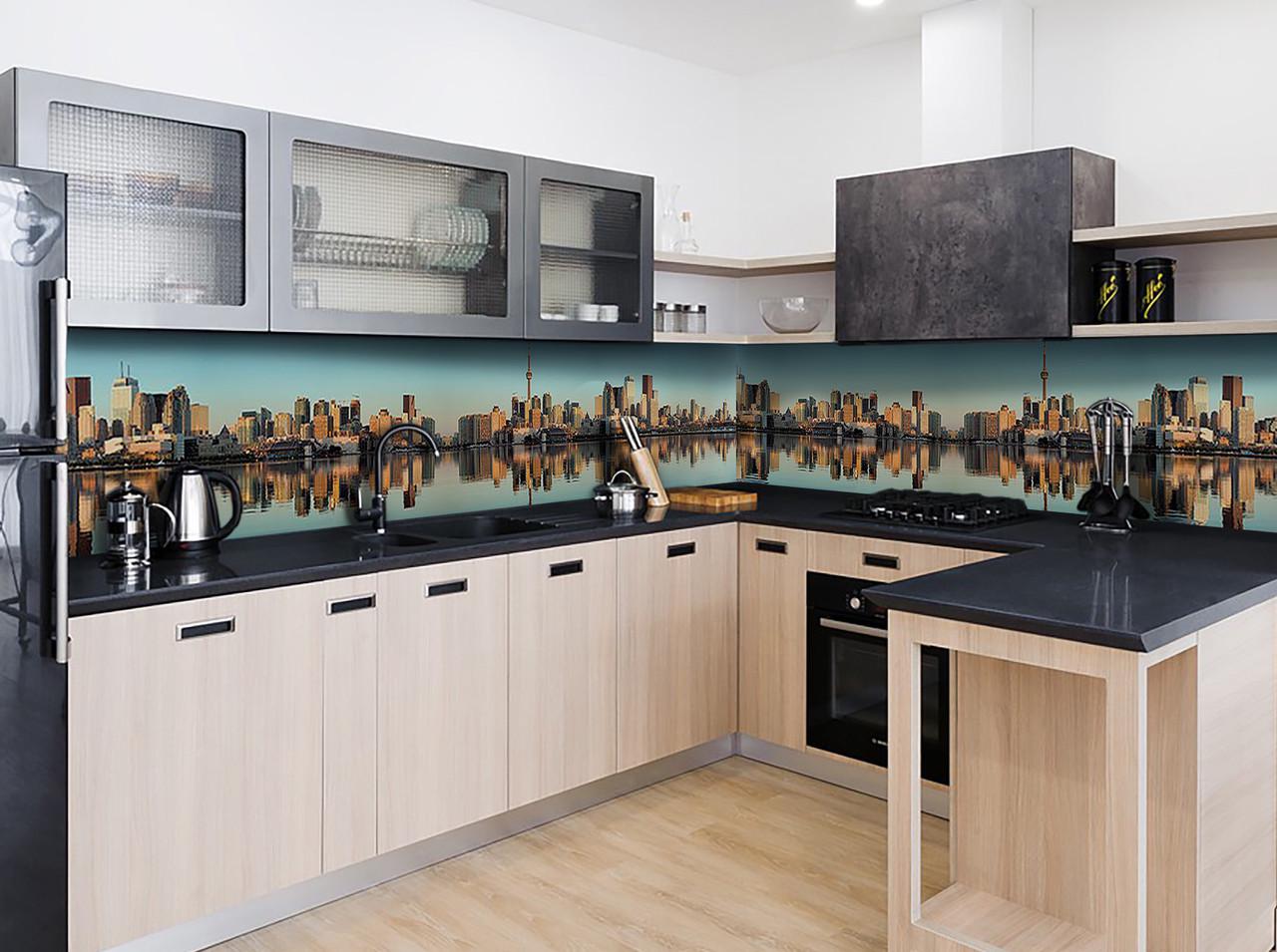 Кухонний фартух Відображення міста на світанку із самоклеючої вінілової плівки 60х300 см Бежевий