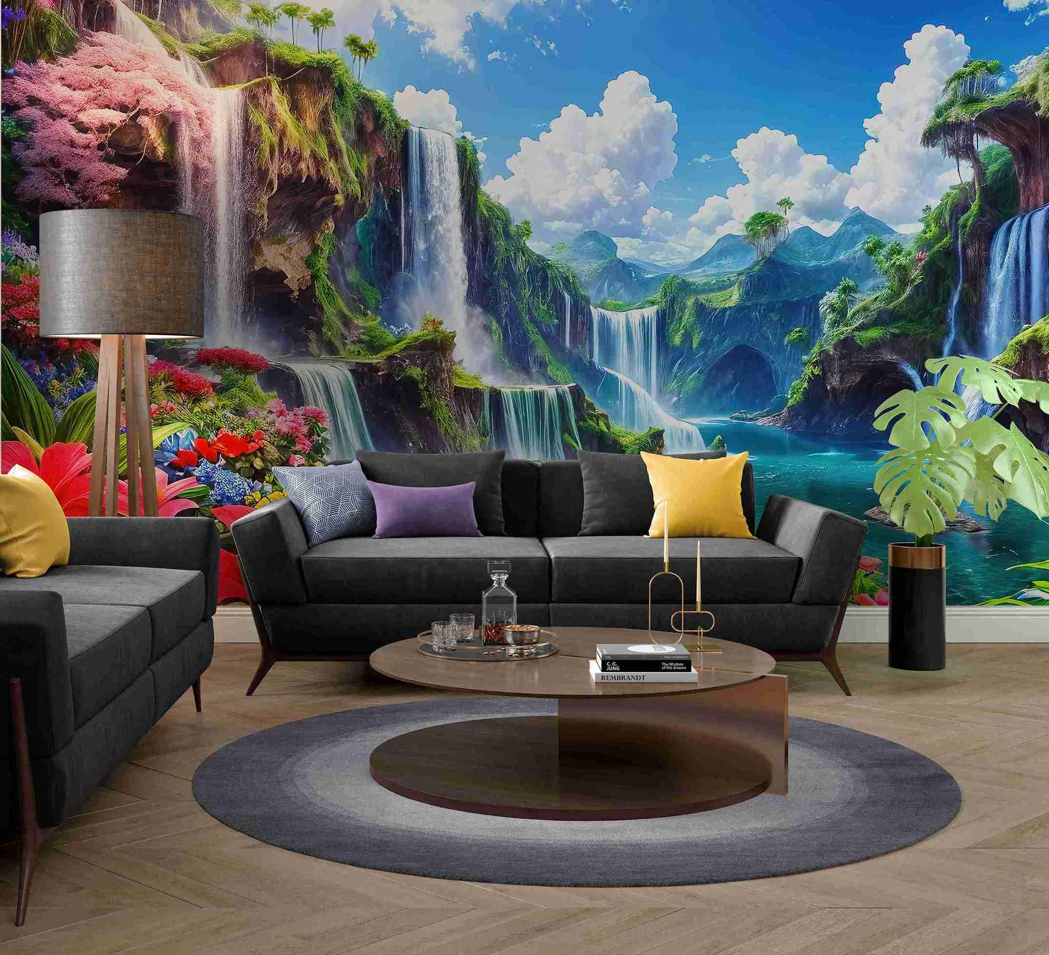 Фотообои с панорамным рисунком Цветы у водопада (S2017)