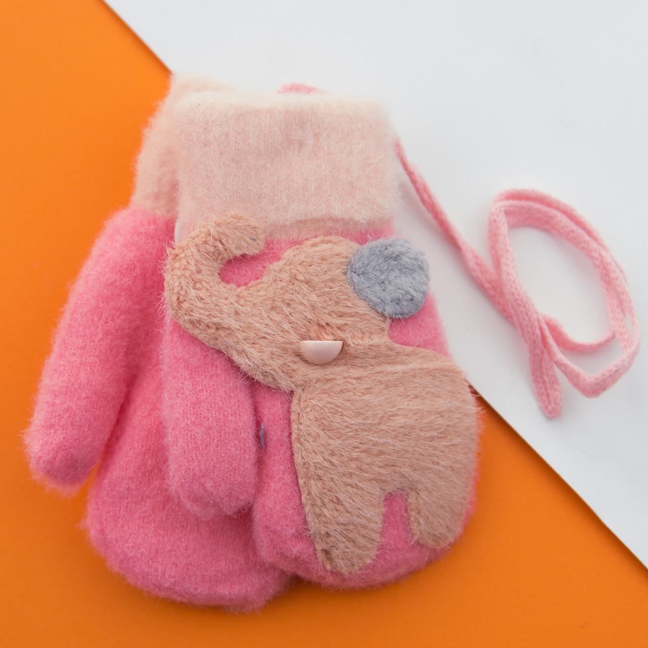 Варежки для малышей зимние с мехом на 1-2 года на веревочке Слоники 22-7-30 Рожевий (DR009899) Варежки для малышей зимние с мехом на 1-2 года на веревочке Слоники 22-7-30 Рожевий (DR009899)