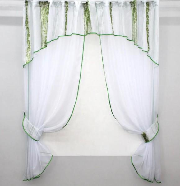 Шторки на кухню с ламбрекеном 280х170 см Зеленый/Белый (084к) Шторки на кухню с ламбрекеном 280х170 см Зеленый/Белый (084к)