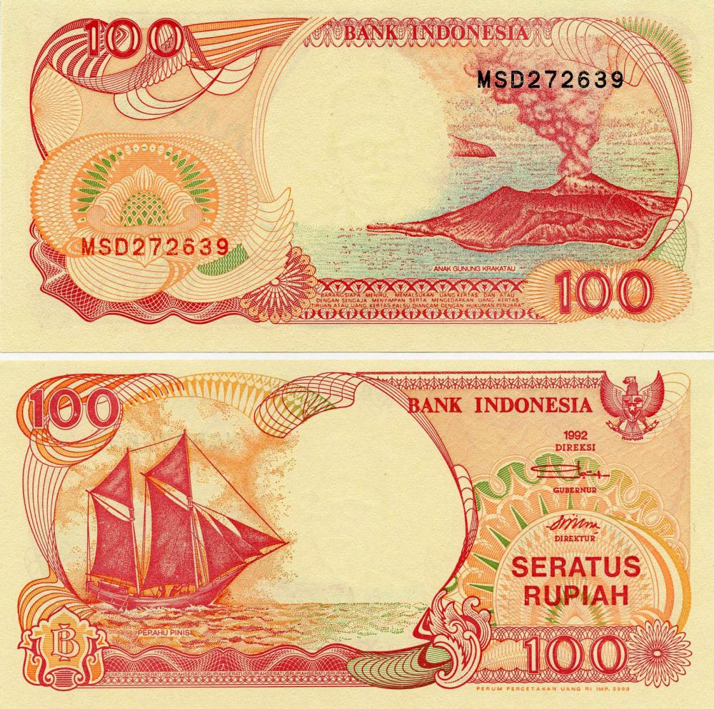 Коллекционная банкнота Индонезия 100 рупий 1992 UNC Парусник P127 (Б07509)